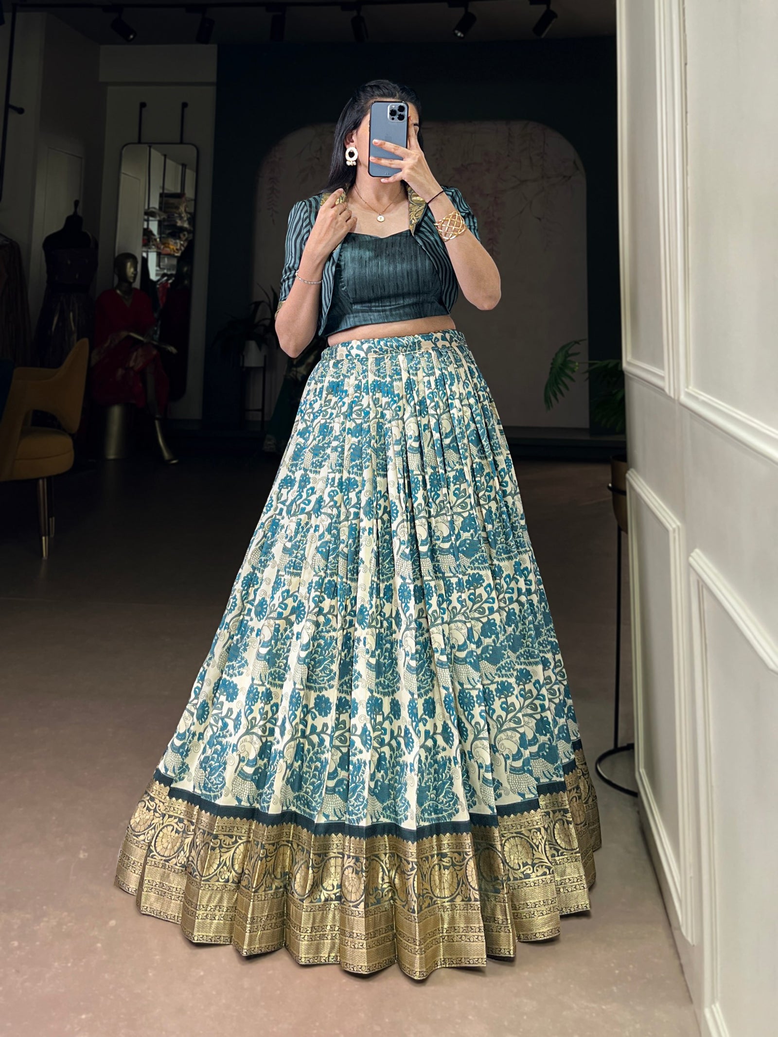 Sky Blue Tasar Silk Printed Lehenga Choli