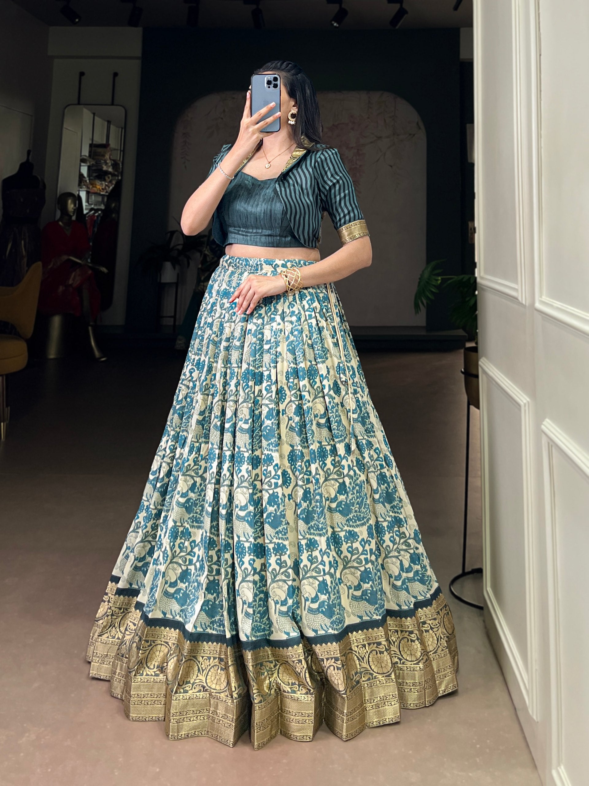 Sky Blue Tasar Silk Printed Lehenga Choli Secondary image