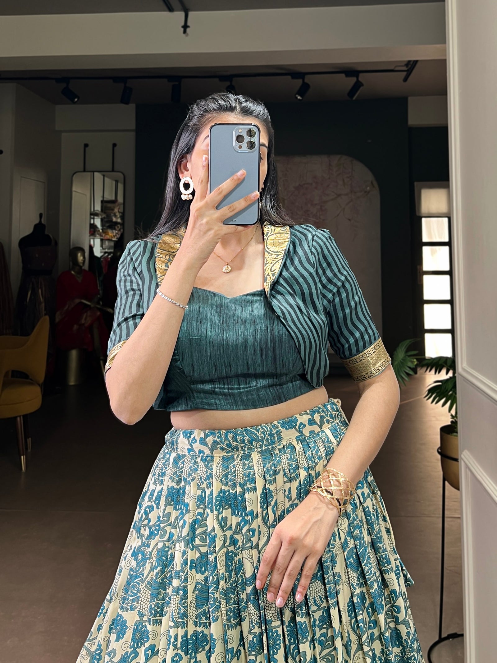 Sky Blue Tasar Silk Printed Lehenga Choli