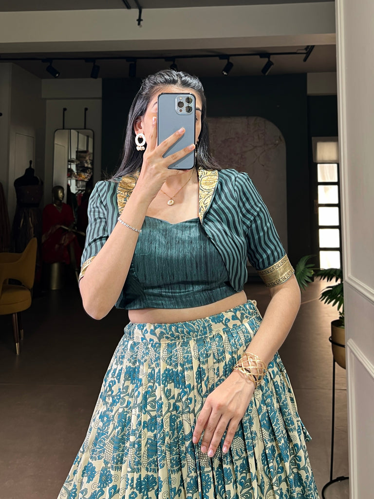 Sky Blue Tasar Silk Printed Lehenga Choli