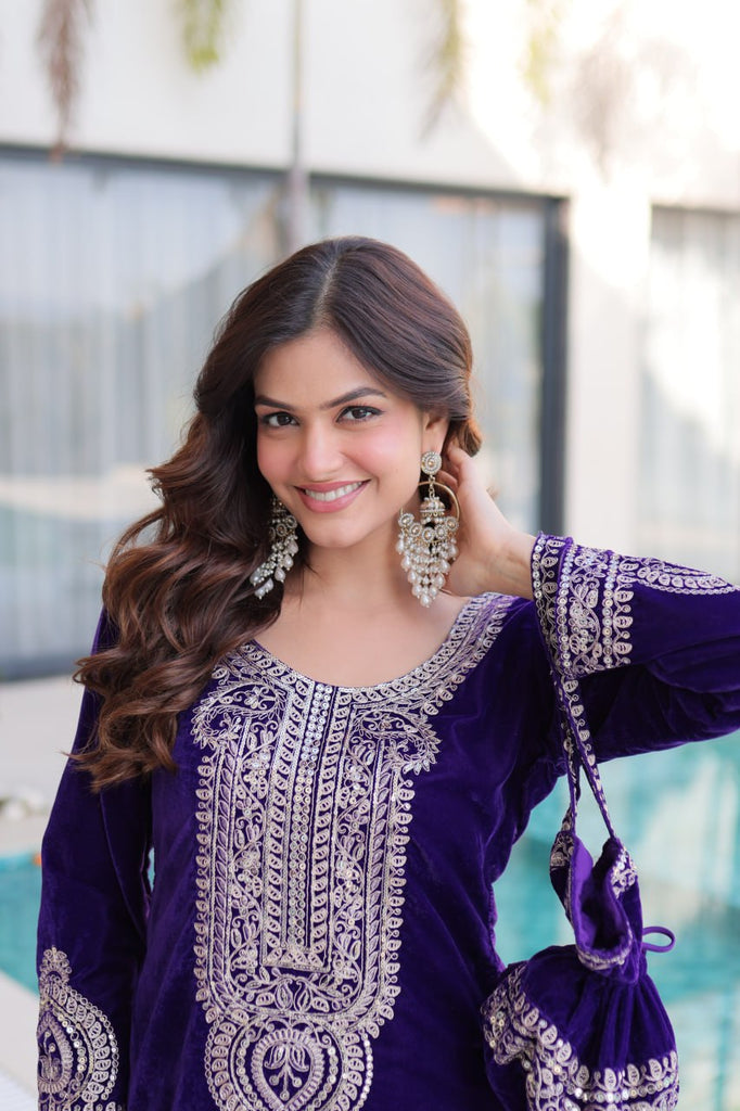 Purple Velvet Top Pant Set & Matching Batwa