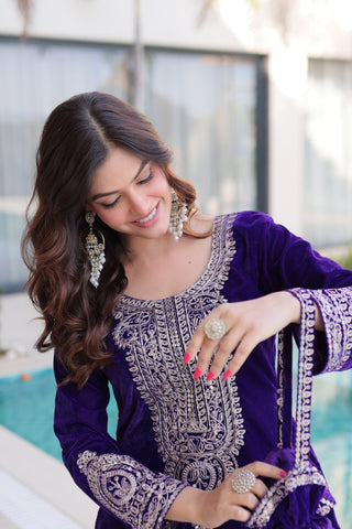 Purple Velvet Top Pant Set & Matching Batwa