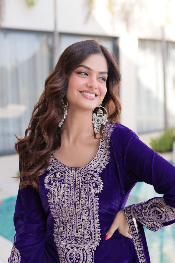 Purple Velvet Top Pant Set & Matching Batwa