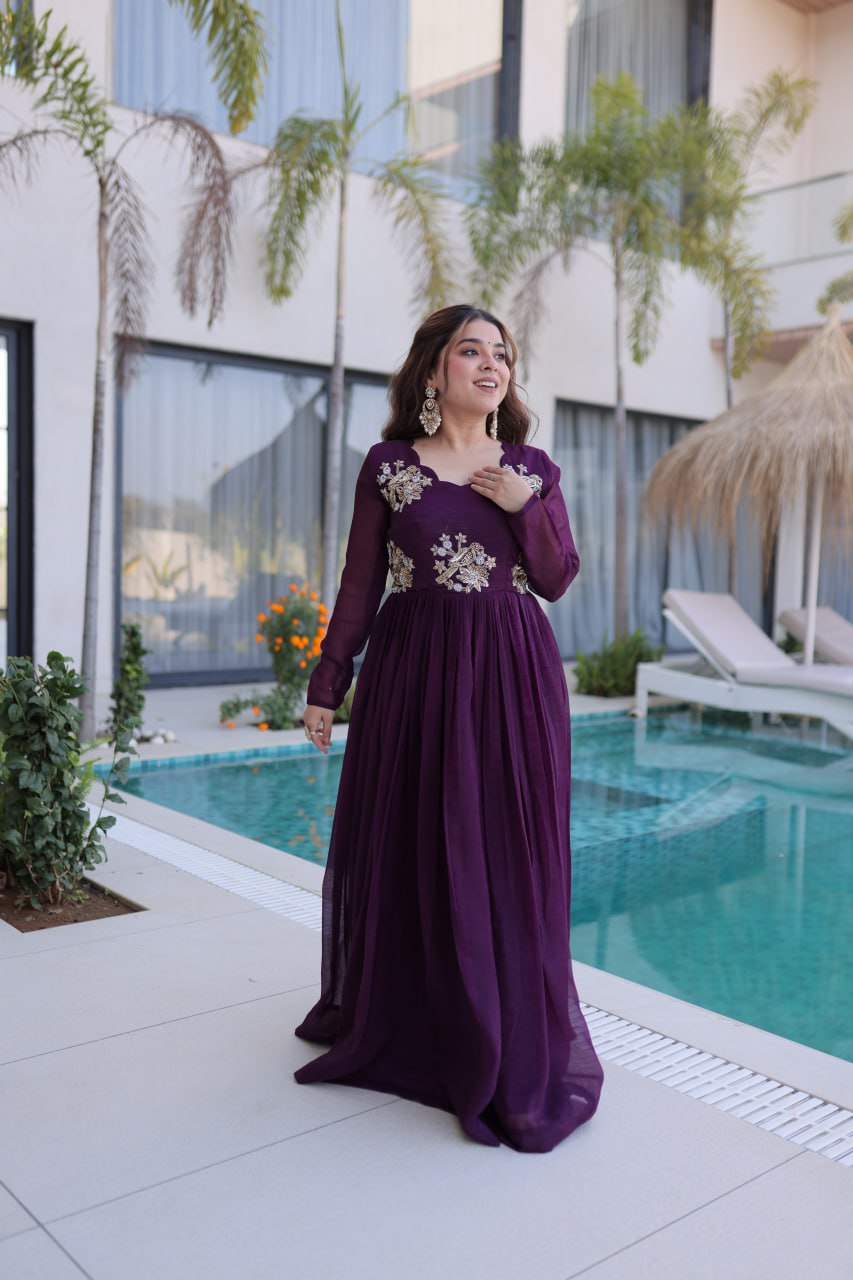 Purple Embroidered Gown with Long Sleeves ClothsVilla