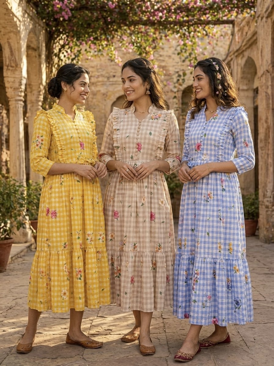 Silk Printed Kurti with Puff Sleeves ClothsVilla