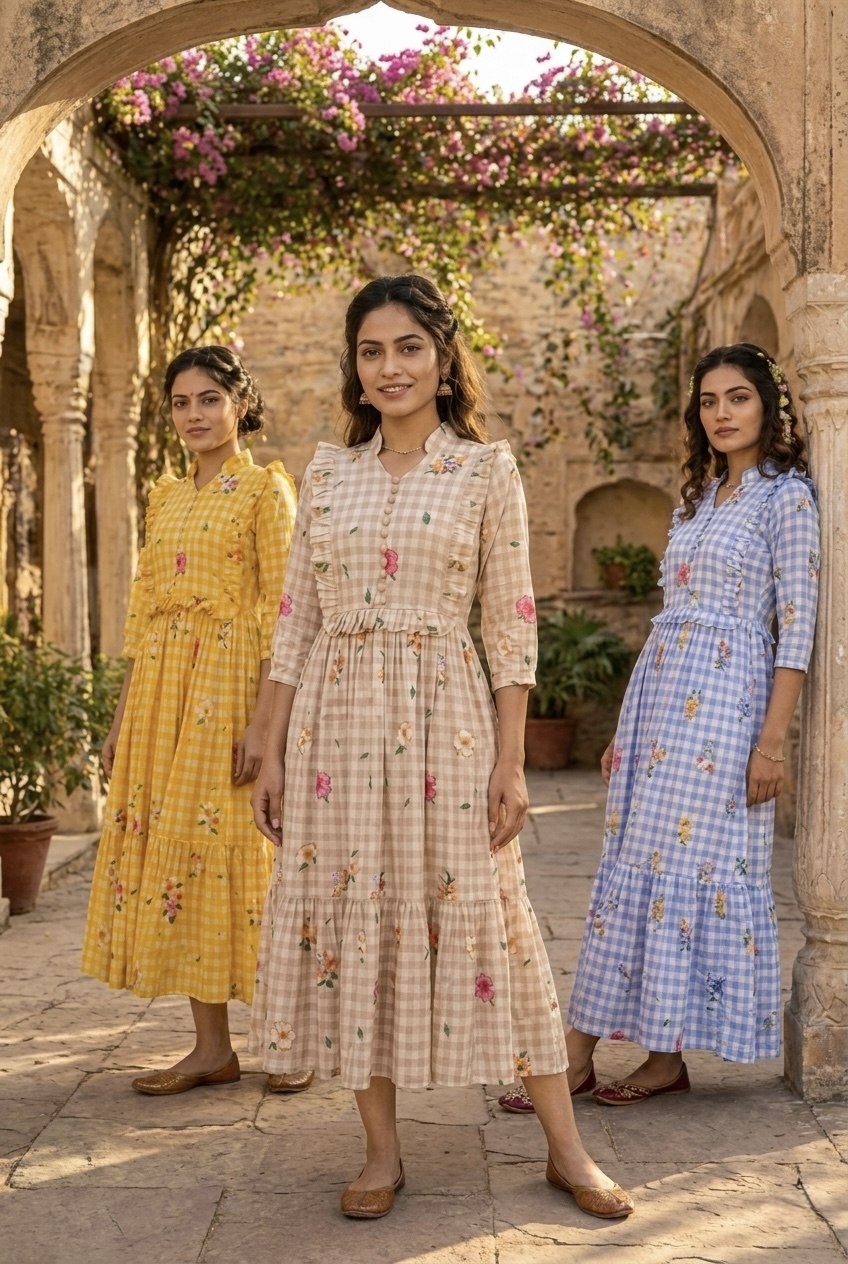 Silk Printed Kurti with Puff Sleeves ClothsVilla