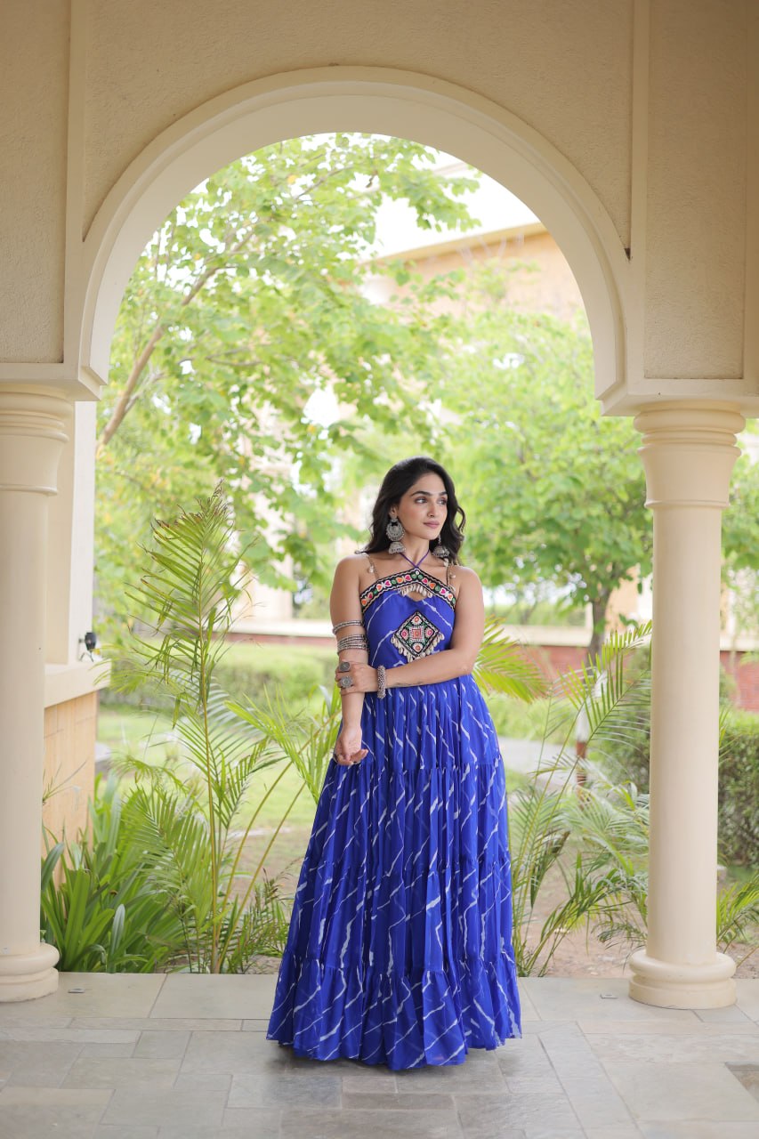 Laheriya Print Kutchi Patchwork Gown Clothsvilla