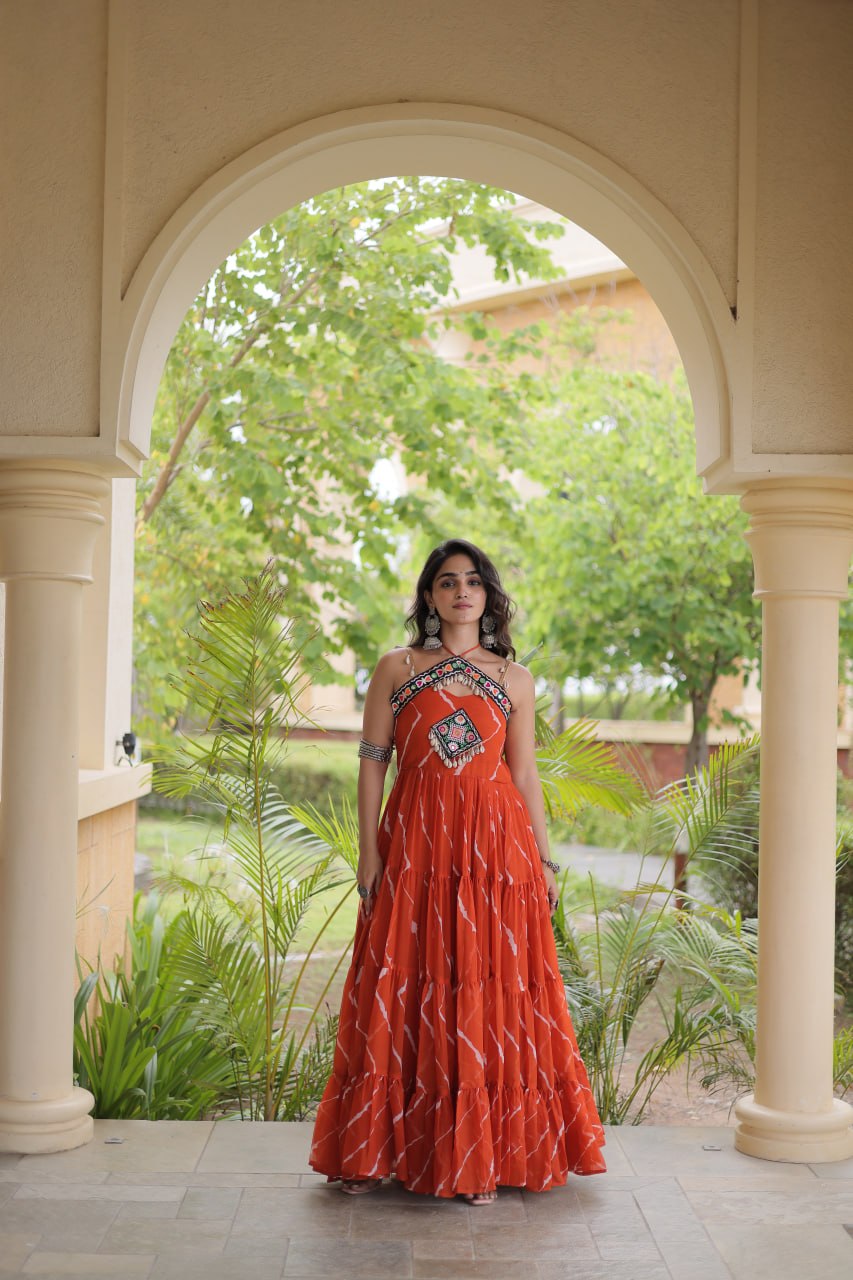 Laheriya Print Kutchi Patchwork Gown Clothsvilla
