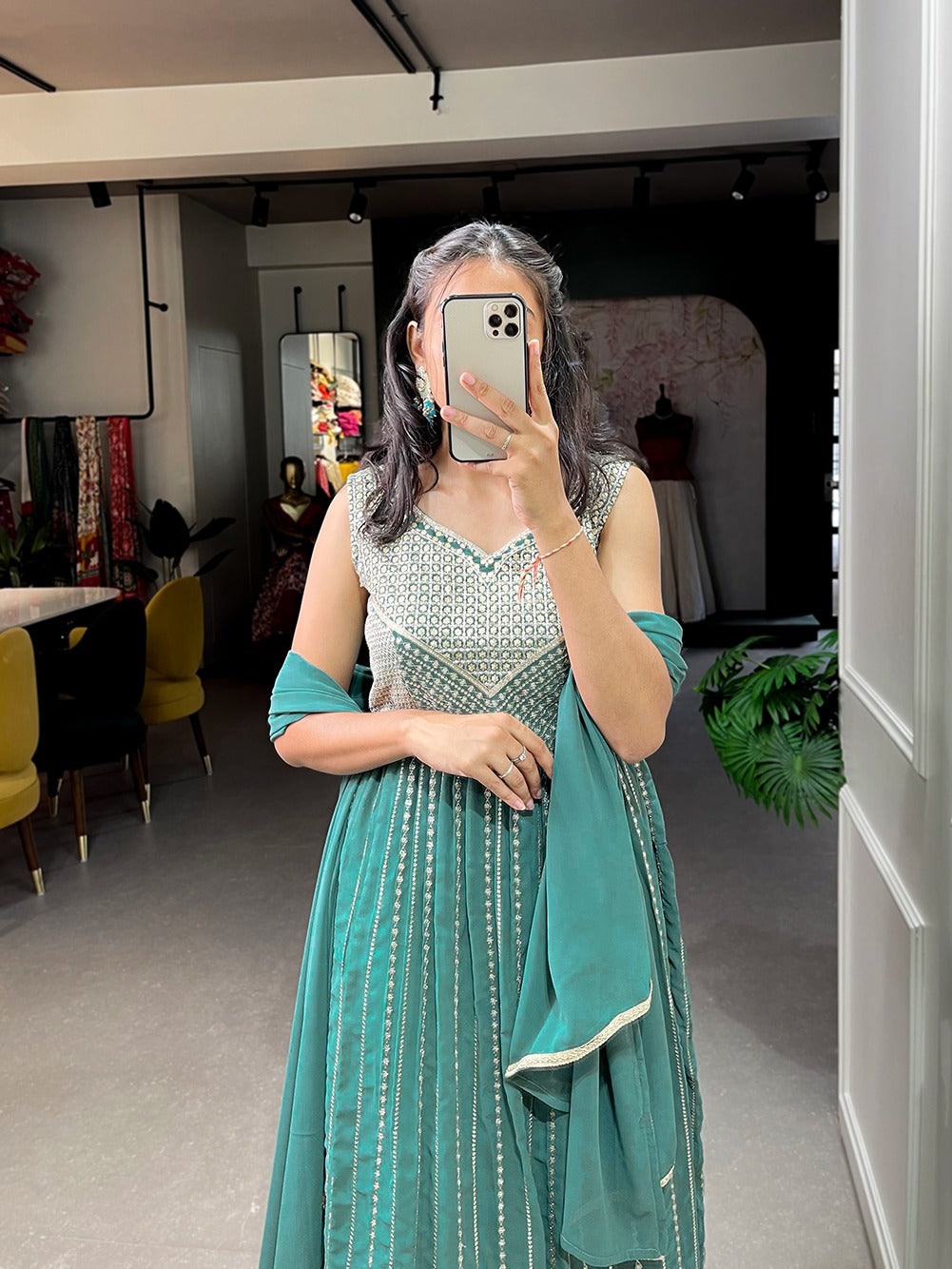 Pine Color Naira Style Embroidered Georgette Kurti Palazzo Set ClothsVilla