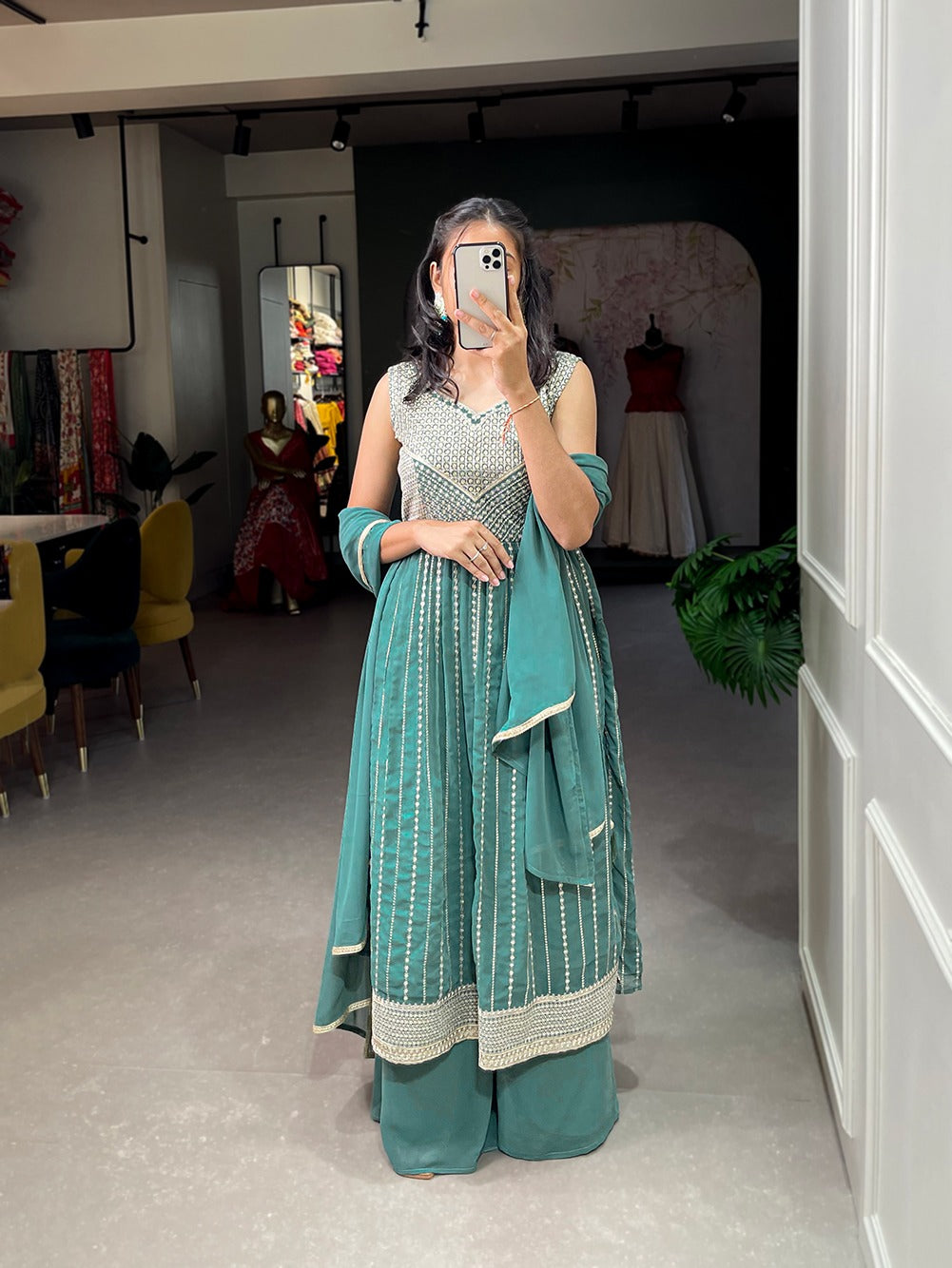 Pine Color Naira Style Embroidered Georgette Kurti Palazzo Set ClothsVilla