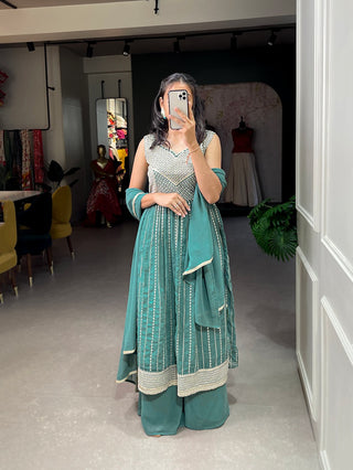 Pine Color Naira Style Embroidered Georgette Kurti Palazzo Set ClothsVilla