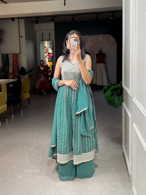 Pine Color Naira Style Embroidered Georgette Kurti Palazzo Set ClothsVilla Main image