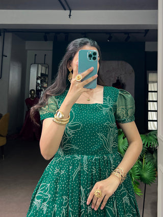Pine Green Bandhej Dress with Zari Border ClothsVilla