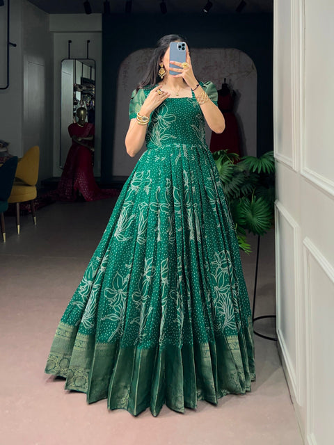 Pine Green Bandhej Dress with Zari Border ClothsVilla Main image