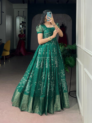 Pine Green Bandhej Dress with Zari Border ClothsVilla