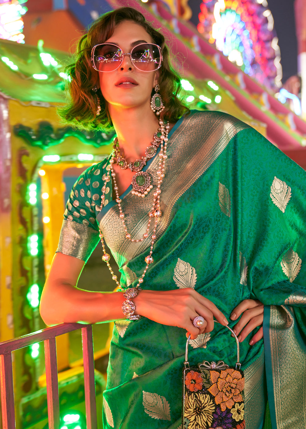 Pine Green Floral Printed Banarasi Silk Saree with Zari Woven Pallu Secondary image