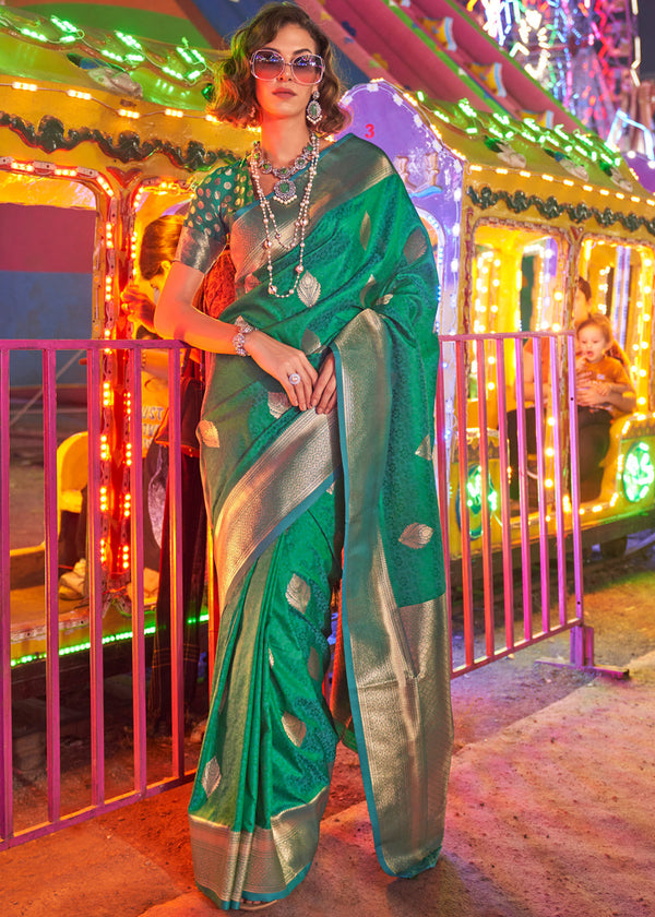 Pine Green Floral Printed Banarasi Silk Saree with Zari Woven Pallu ClothsVilla