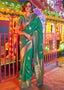 Pine Green Floral Printed Banarasi Silk Saree with Zari Woven Pallu ClothsVilla