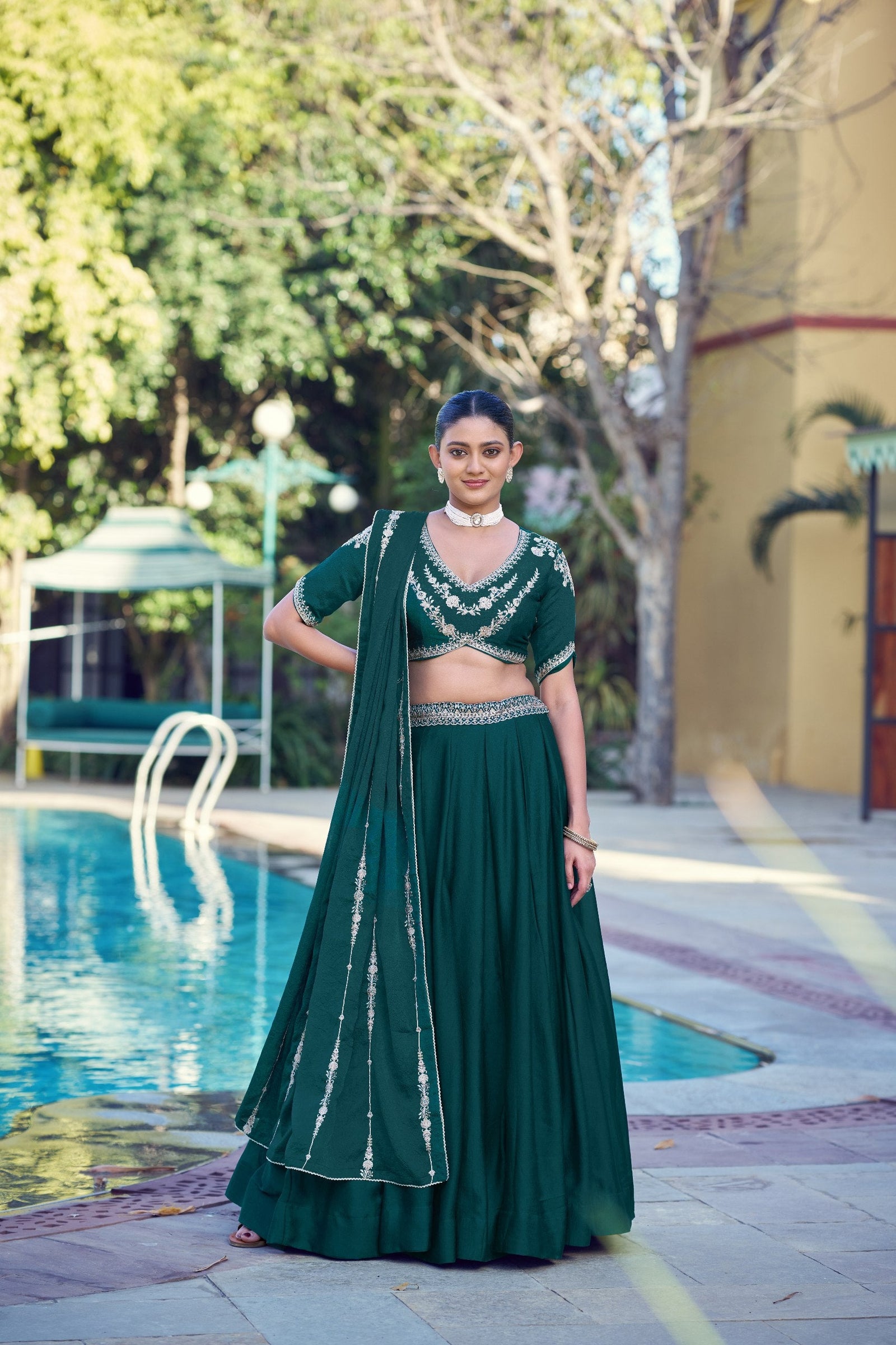 Pine Green Rangoli Crush Lehenga ClothsVilla