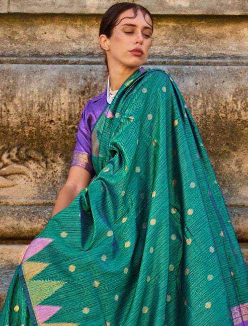 Pine Green Saree Mall Women's Banarasi Silk Blend Saree with Unstitched Blouse Piece ClothsVilla