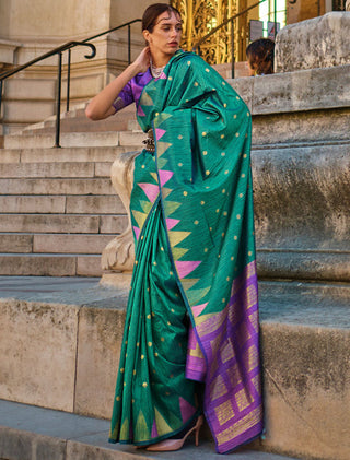 Pine Green Saree Mall Women's Banarasi Silk Blend Saree with Unstitched Blouse Piece ClothsVilla