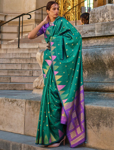 Pine Green Saree Mall Women's Banarasi Silk Blend Saree with Unstitched Blouse Piece ClothsVilla