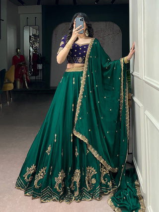 Pine Green Sequins Embroidered Silk Lehenga ClothsVilla