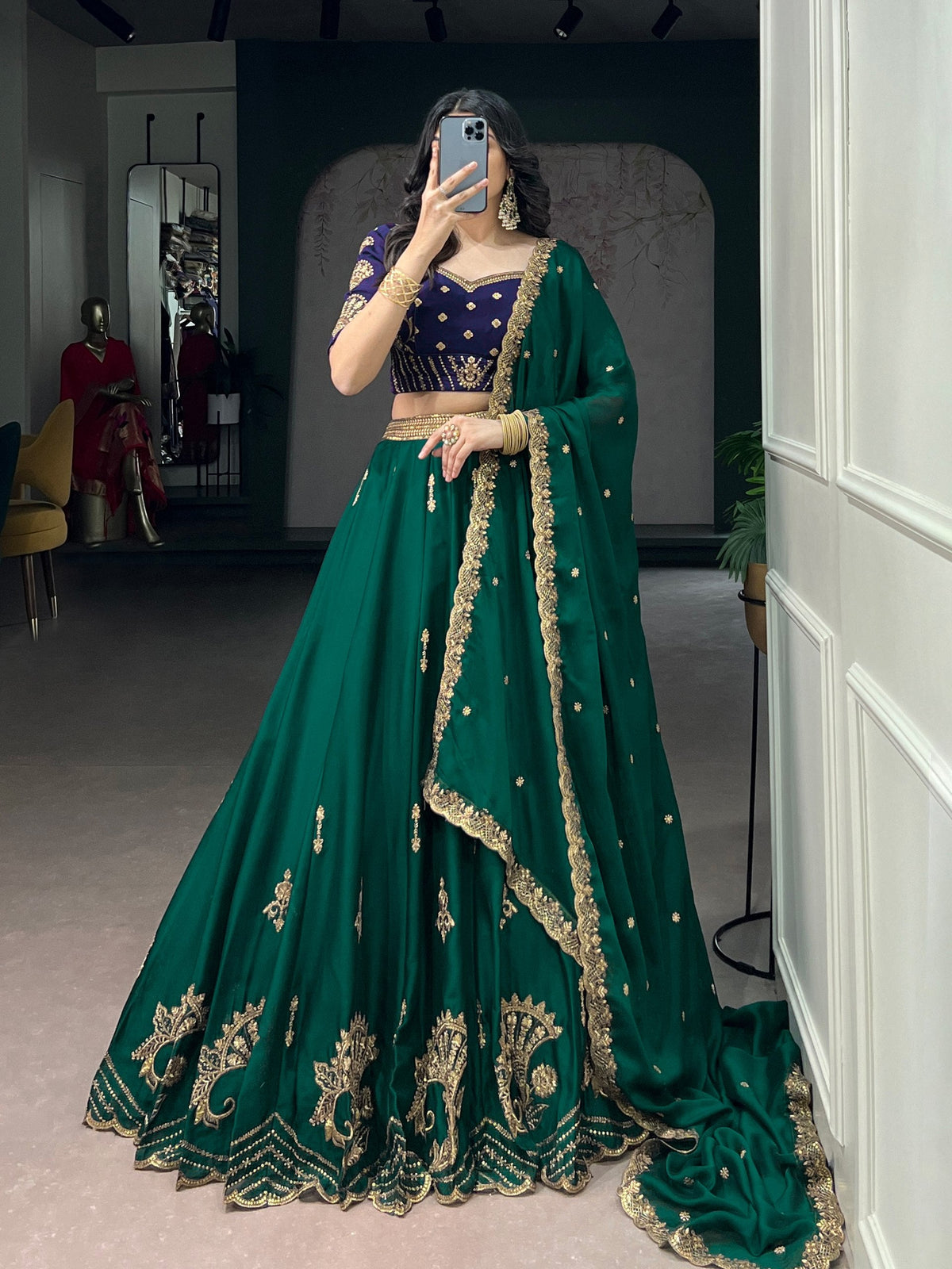 Pine Green Sequins Embroidered Silk Lehenga ClothsVilla