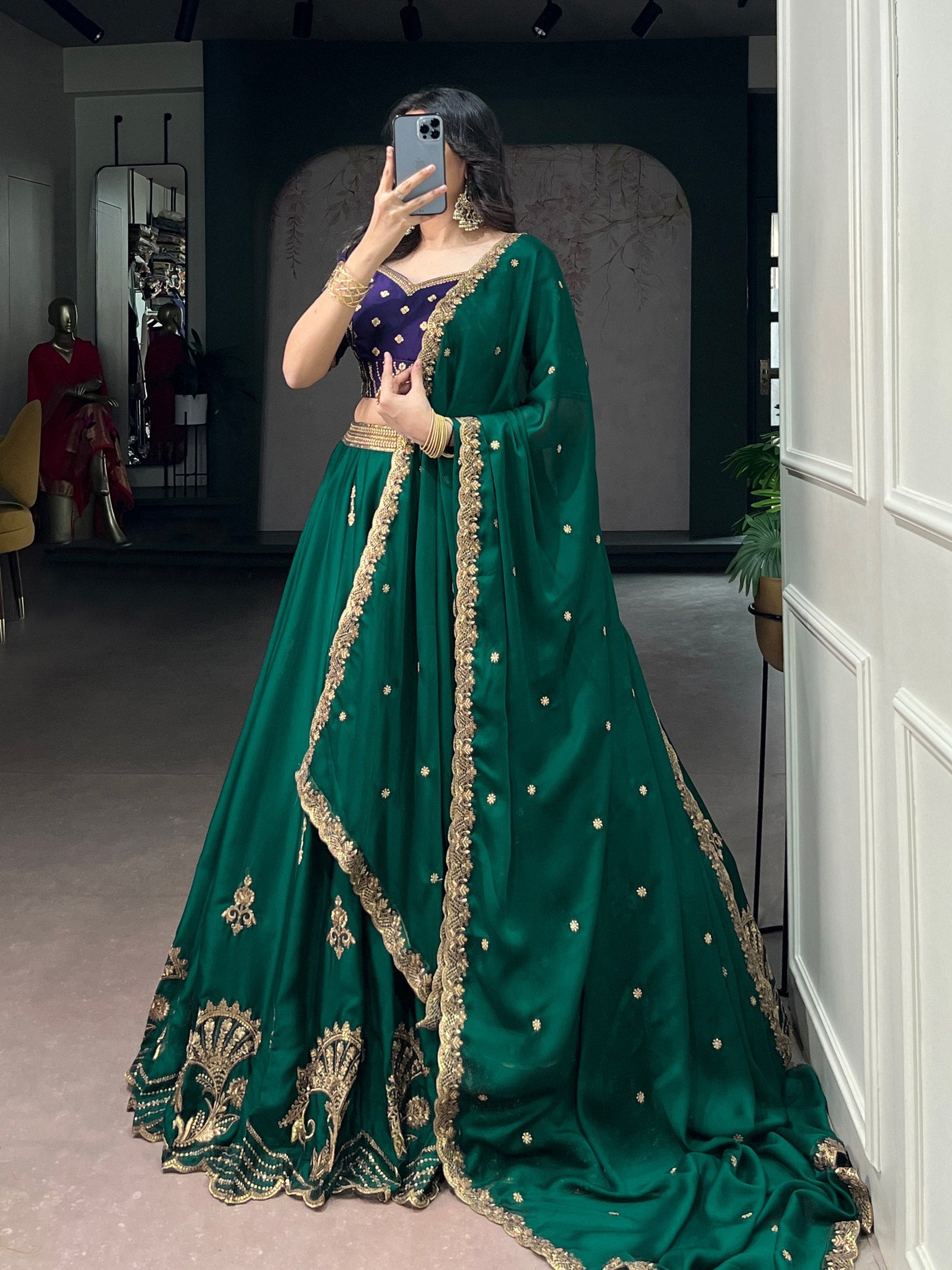 Pine Green Sequins Embroidered Silk Lehenga ClothsVilla