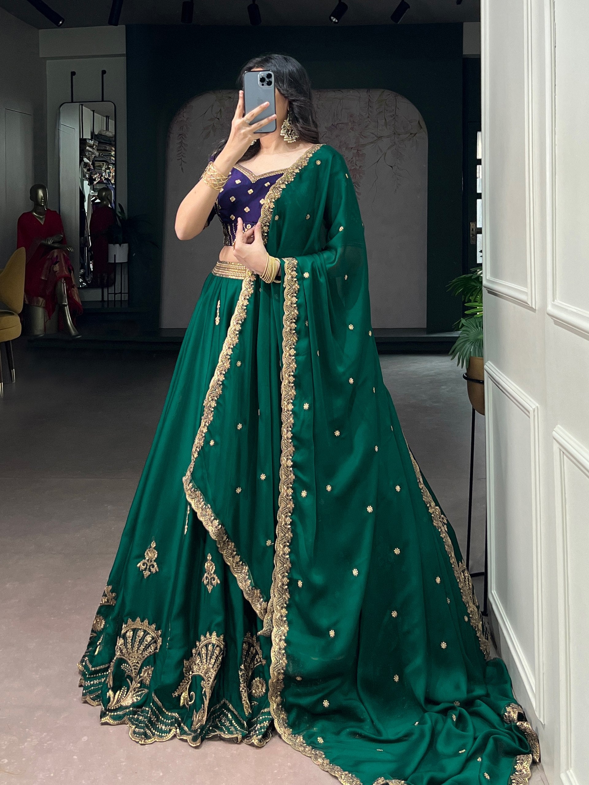 Pine Green Sequins Embroidered Silk Lehenga ClothsVilla
