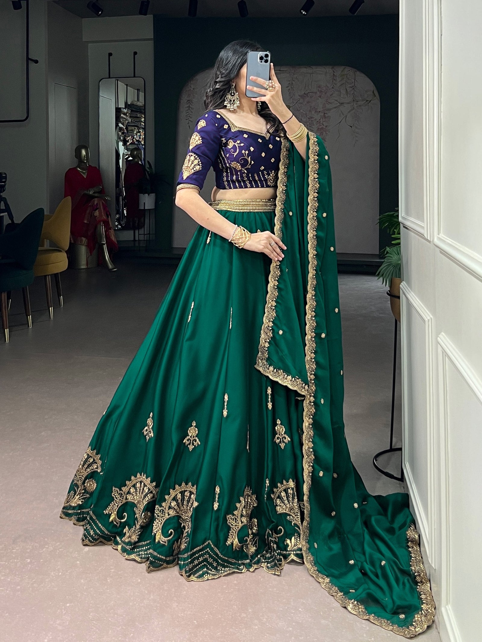 Pine Green Sequins Embroidered Silk Lehenga ClothsVilla