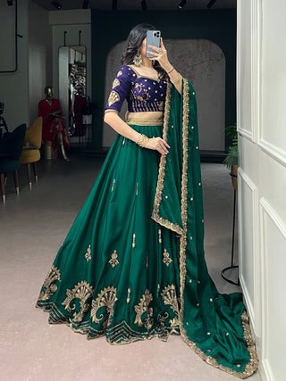 Pine Green Sequins Embroidered Silk Lehenga ClothsVilla