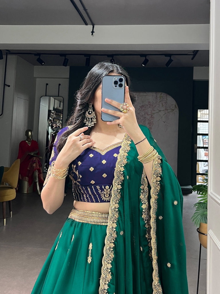 Pine Green Sequins Embroidered Silk Lehenga ClothsVilla