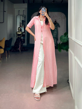 Pink 3-Piece Stitched Co-Ord Set with Shrug ClothsVilla