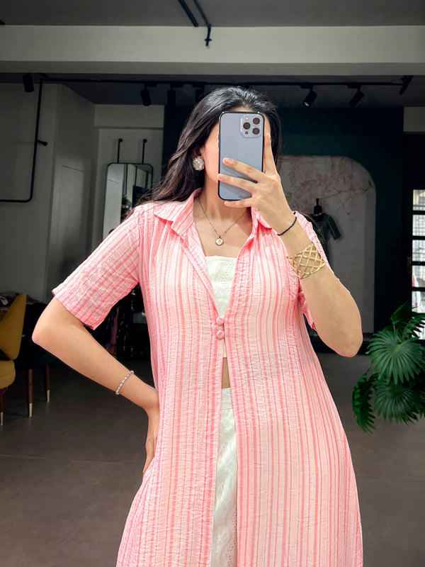 Pink 3-Piece Stitched Co-Ord Set with Shrug ClothsVilla