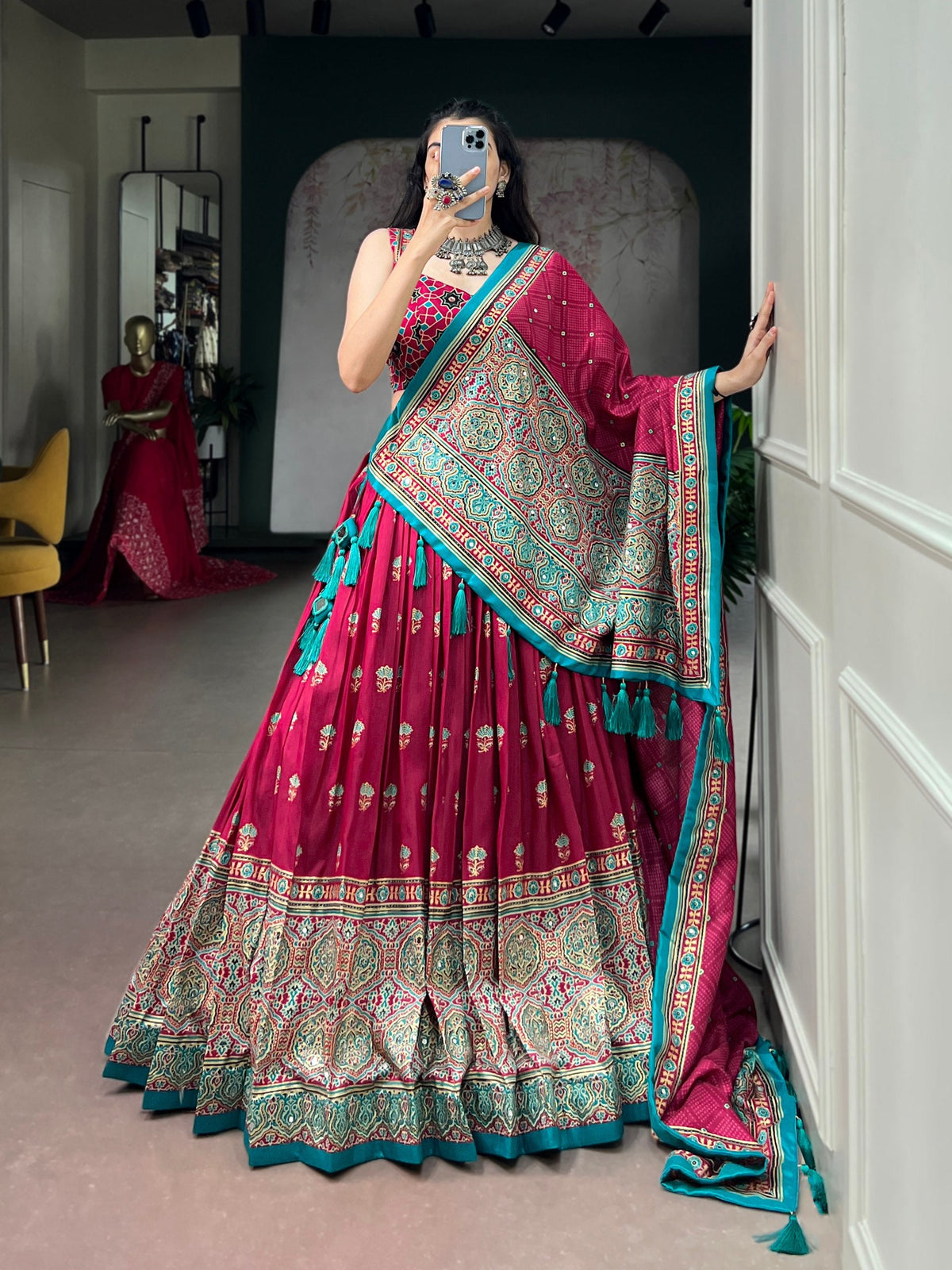 Pink Ajrak Printed Lehenga with Mirror Work ClothsVilla