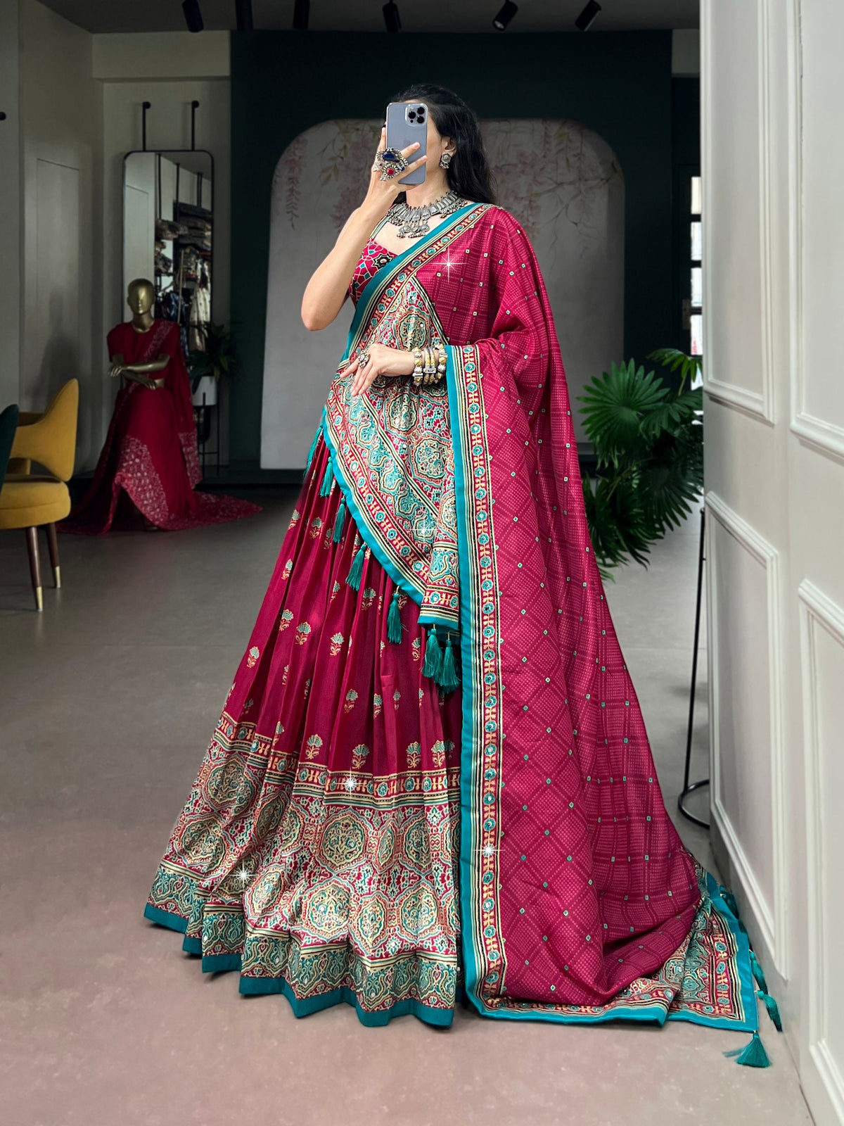 Pink Ajrak Printed Lehenga with Mirror Work ClothsVilla