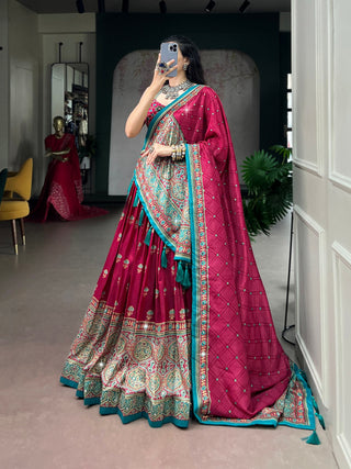 Pink Ajrak Printed Lehenga with Mirror Work ClothsVilla