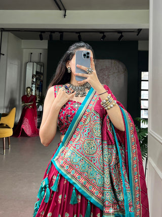 Pink Ajrak Printed Lehenga with Mirror Work ClothsVilla