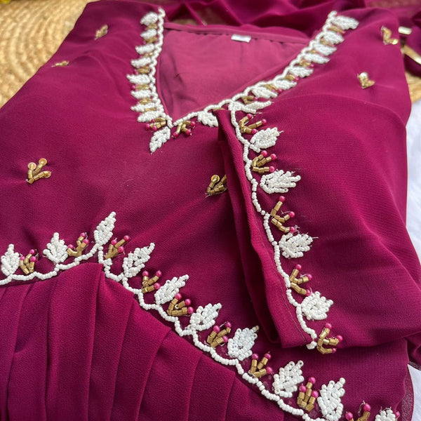 Pink Alia Cut Lights Fox Georgette Party Wear Gown Set with Golden Gotta Lace ClothsVilla