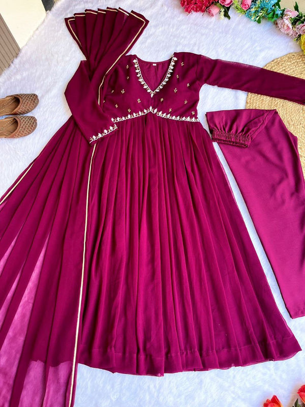 Pink Alia Cut Lights Fox Georgette Party Wear Gown Set with Golden Gotta Lace ClothsVilla