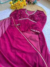 Load image into Gallery viewer, Pink Alia Cut Lights Fox Georgette Party Wear Gown Set with Golden Gotta Lace ClothsVilla