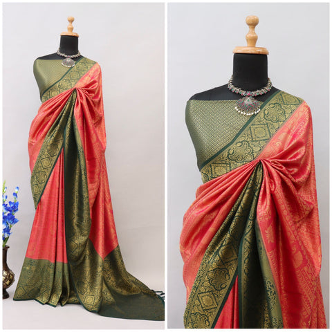 Pink and Green Kuber Soft Silk Saree with Exquisite Golden Jari Work & Matching Blouse ClothsVilla Main image