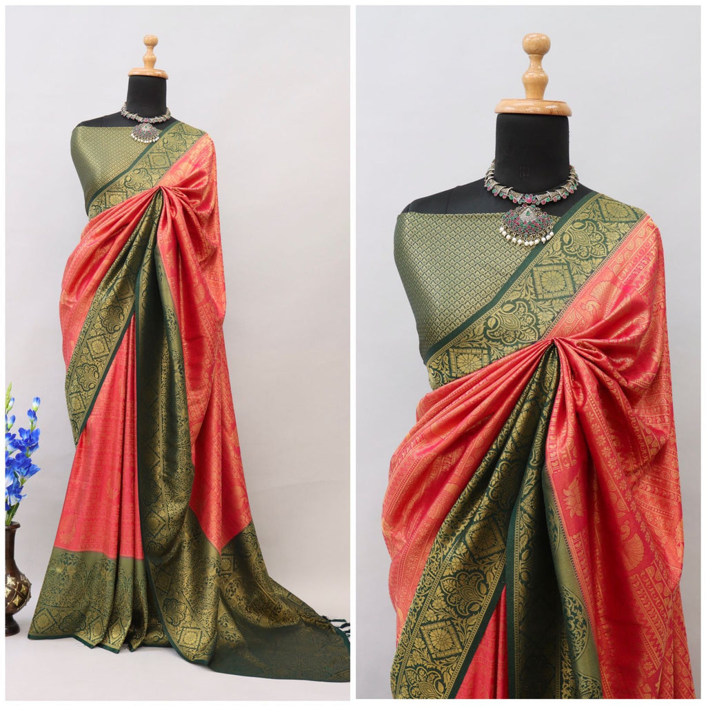 Pink and Green Kuber Soft Silk Saree with Exquisite Golden Jari Work & Matching Blouse ClothsVilla