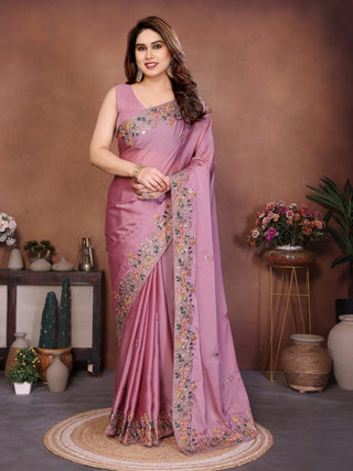 Pink Art Silk Saree with Sequins Work ClothsVilla