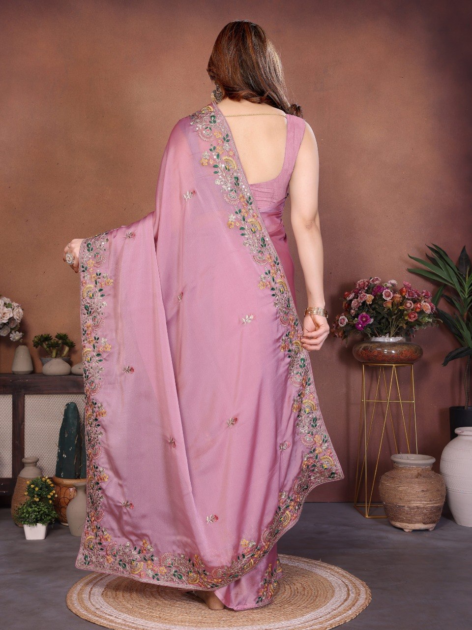 Pink Art Silk Saree with Sequins Work ClothsVilla