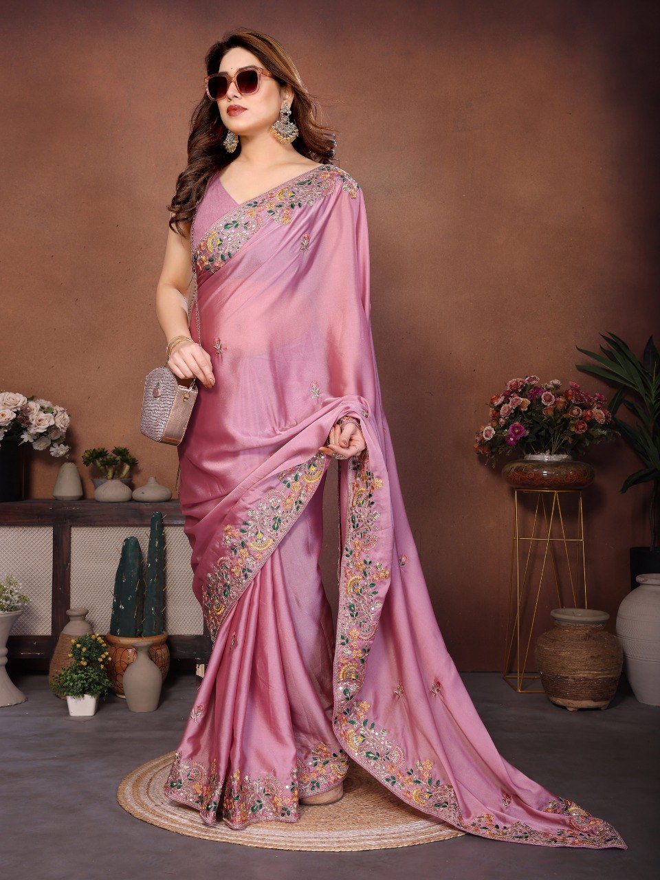 Pink Art Silk Saree with Sequins Work ClothsVilla