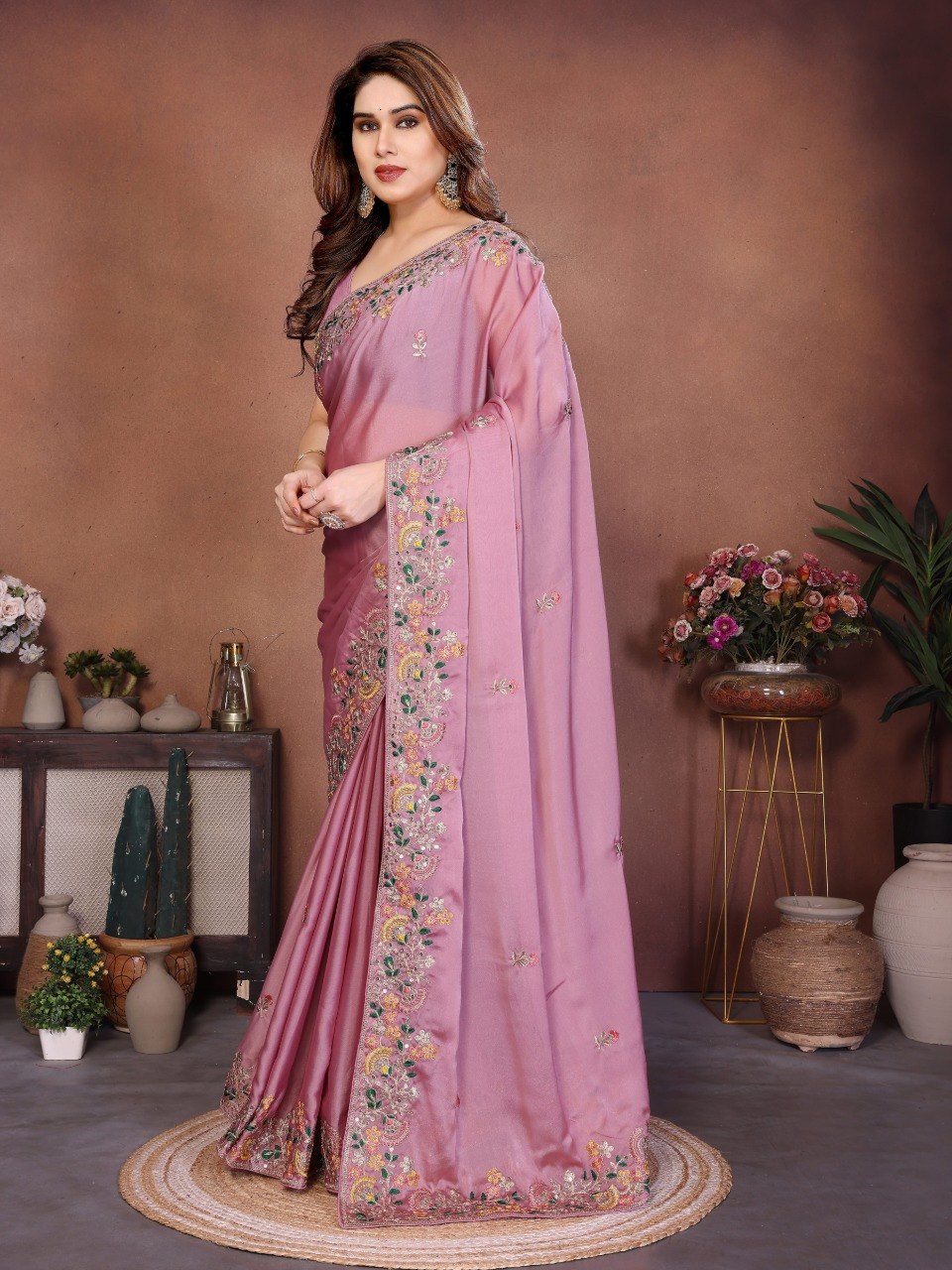 Pink Art Silk Saree with Sequins Work ClothsVilla