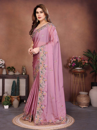Pink Art Silk Saree with Sequins Work ClothsVilla