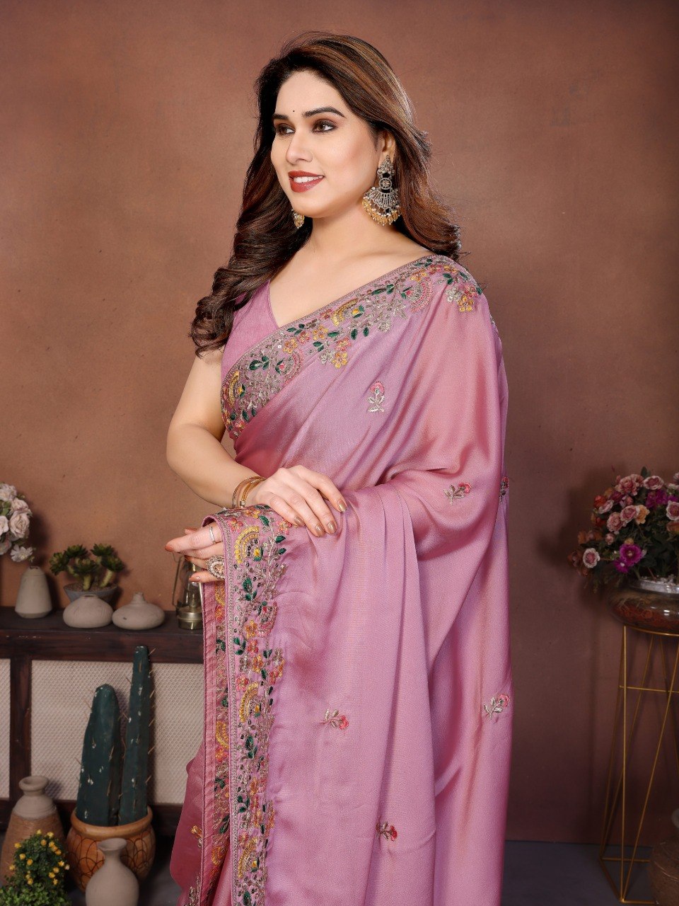 Pink Art Silk Saree with Sequins Work ClothsVilla